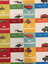 school text book name labels with cars aeroplane helicopter