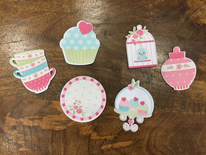 six fridge magnets cupcake, cupcake tray birdcage, cups stack, plate and jar floral pink print