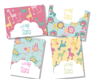personalised Gift cards with names in pastel jungle nursery prints