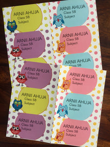 set of 12 book labels with polka dots and owls 