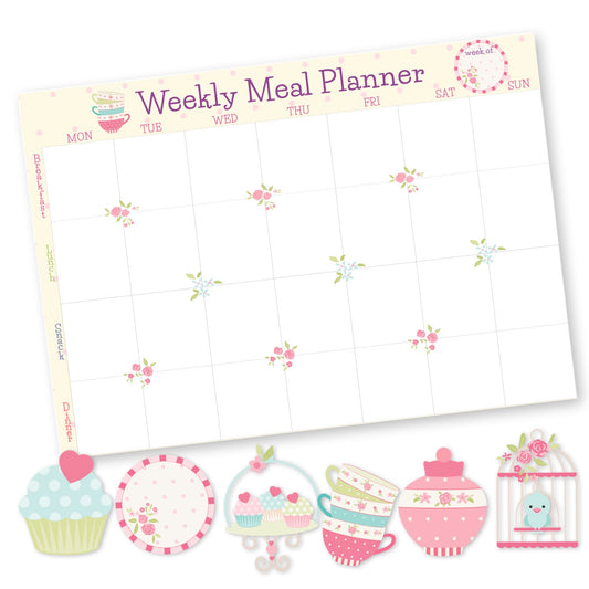 Weekly meal planner with 6  fridge magnets cupcake plate cupcake stand cups stack birdcage sugar pot Labelshabel