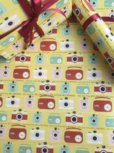personalised wrapping paper with retro radio and camera images