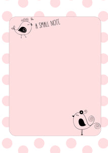 pastel pink with polka dots and cute bird sketches note pad