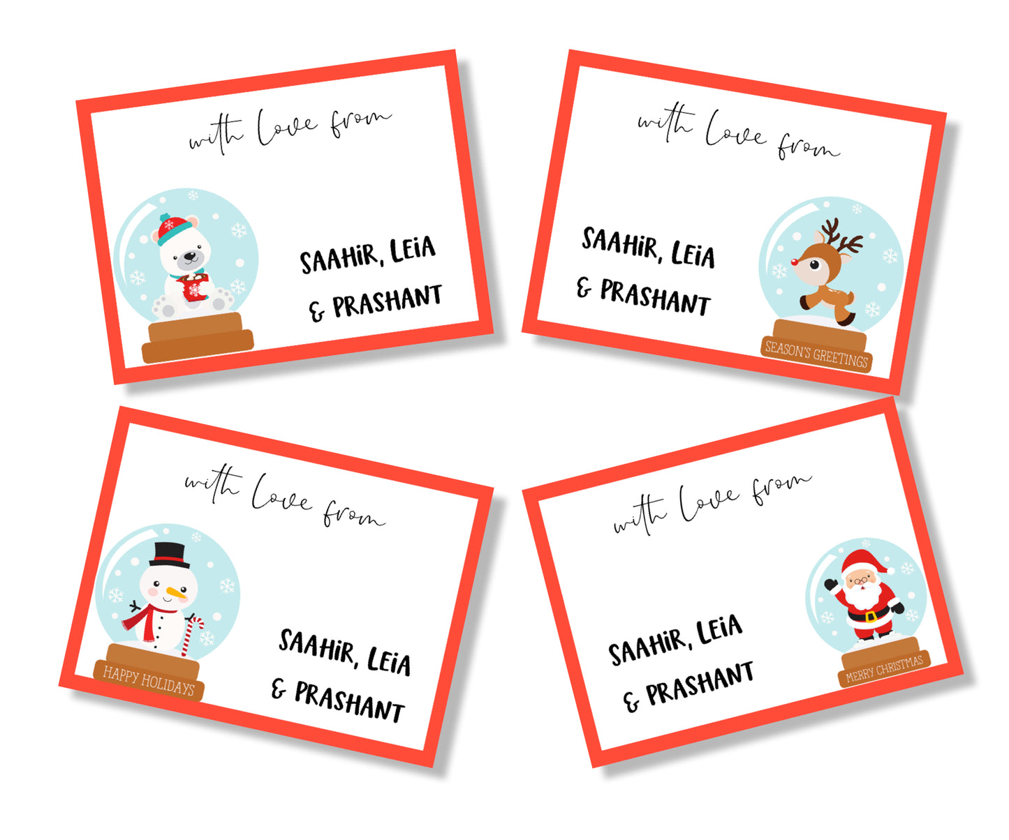set of 4 xmas christmas cards with snow globes 