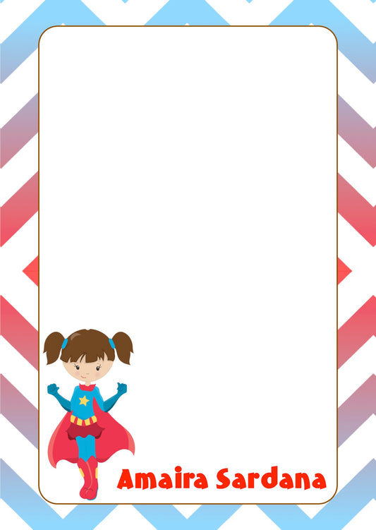 blue red super hero girl with cape A5 note pad personalised