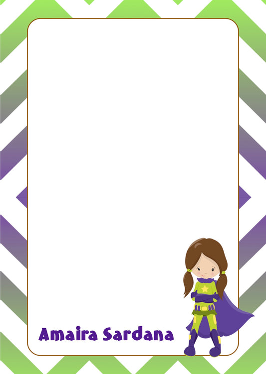 blue green super hero girl with cape A5 note pad personalised