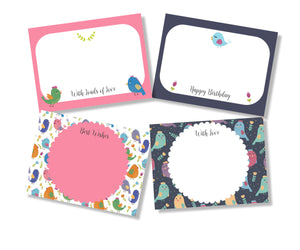 personalised gift cards in pink blue with cute birds