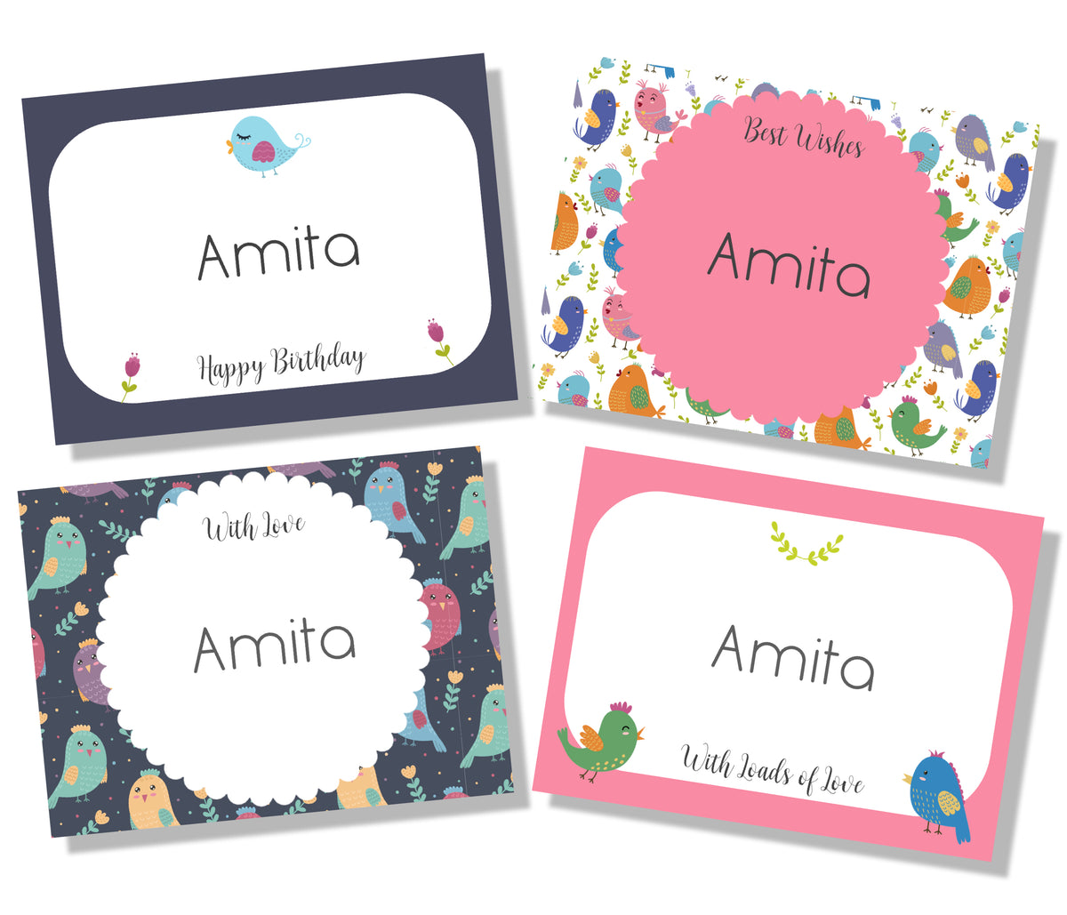 Personalised Gift Cards with birds in pink and navy blue 
