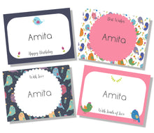 Personalised Gift Cards with birds in pink and navy blue 