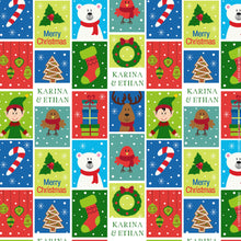 Xmas theme wrapping paper design in red  green blue white with christmas characters