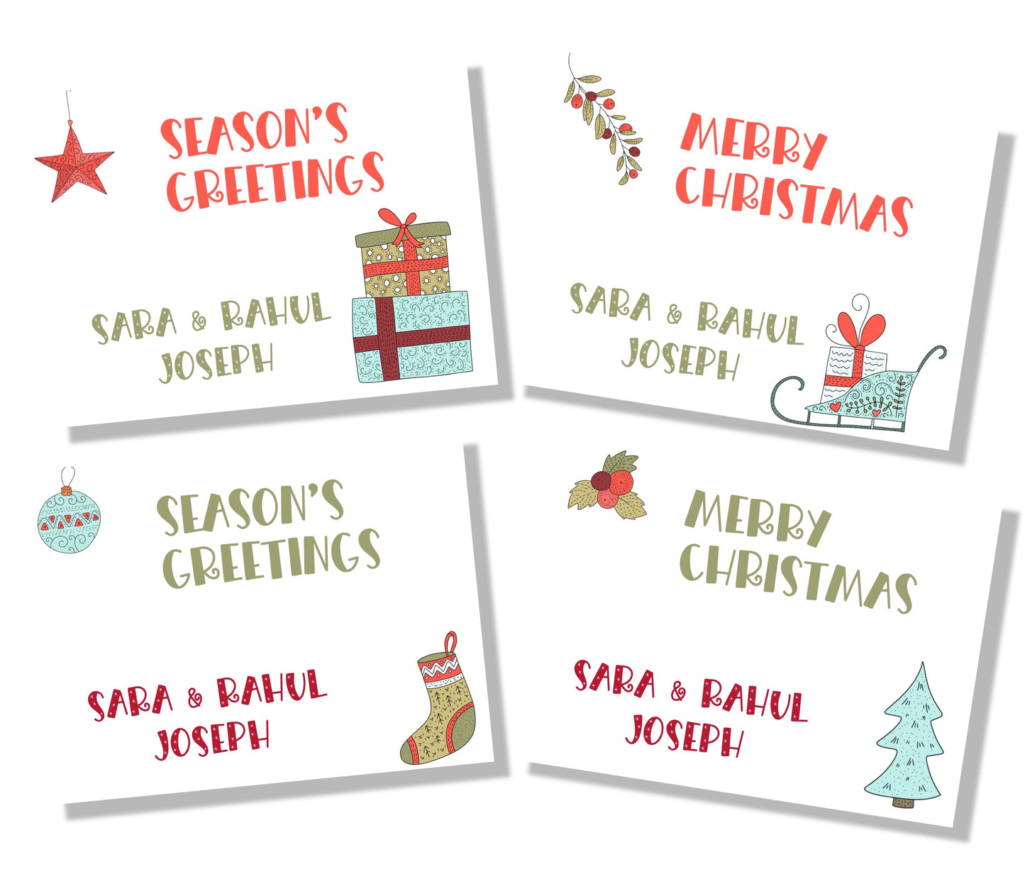 Set of 4 personalised christmas cards with  xmas designs on white background