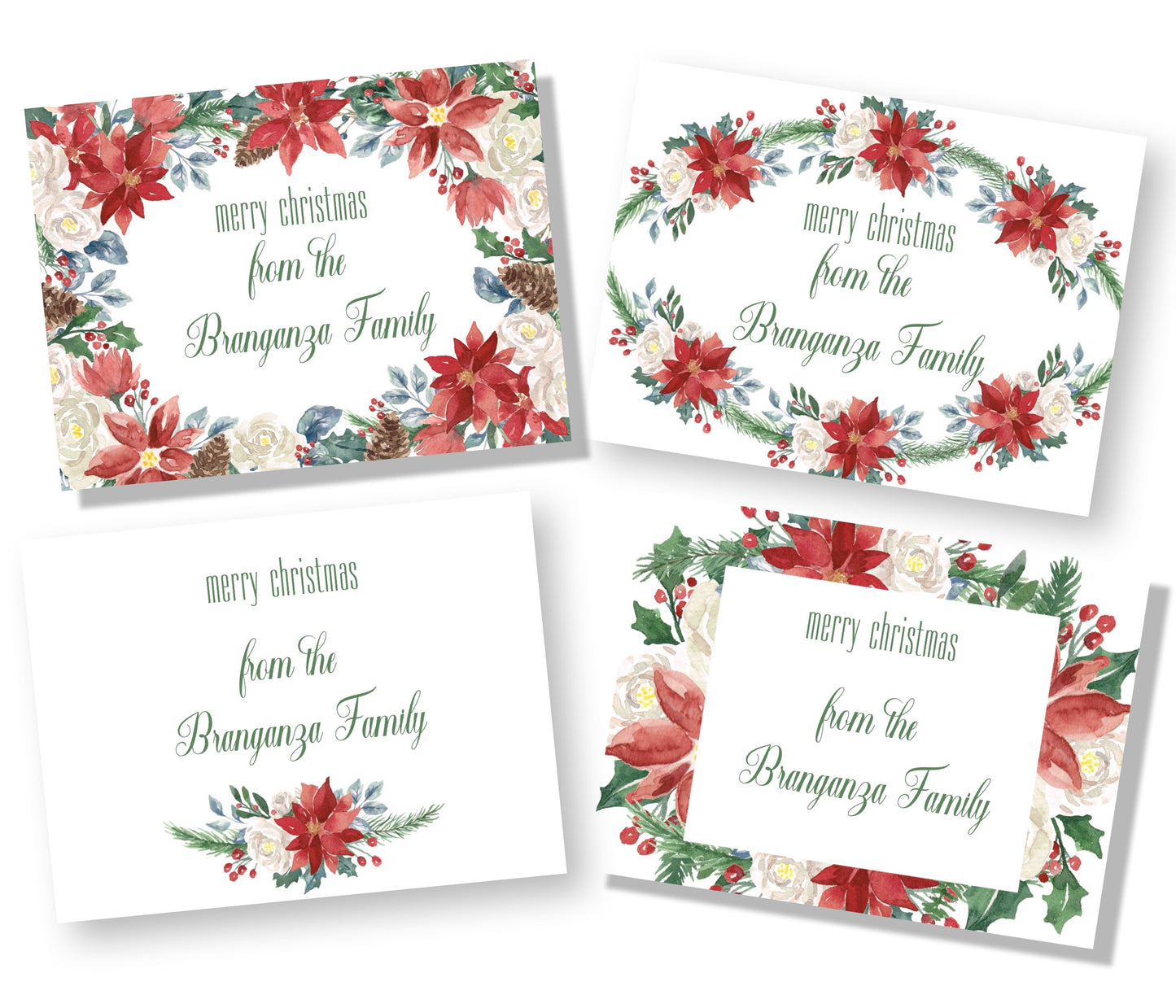 set of 4 matching design personalised cards with xmas red green white holly wreaths