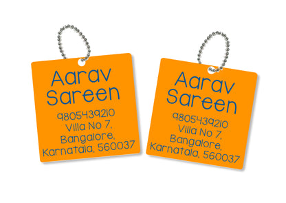 metallic bag tags  in orange with personalised information