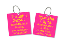 metallic bag tags  in hot pink with personalised information