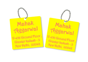 metallic bag tags  in yellow with personalised information