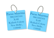 metallic bag tags in blue with personalised information