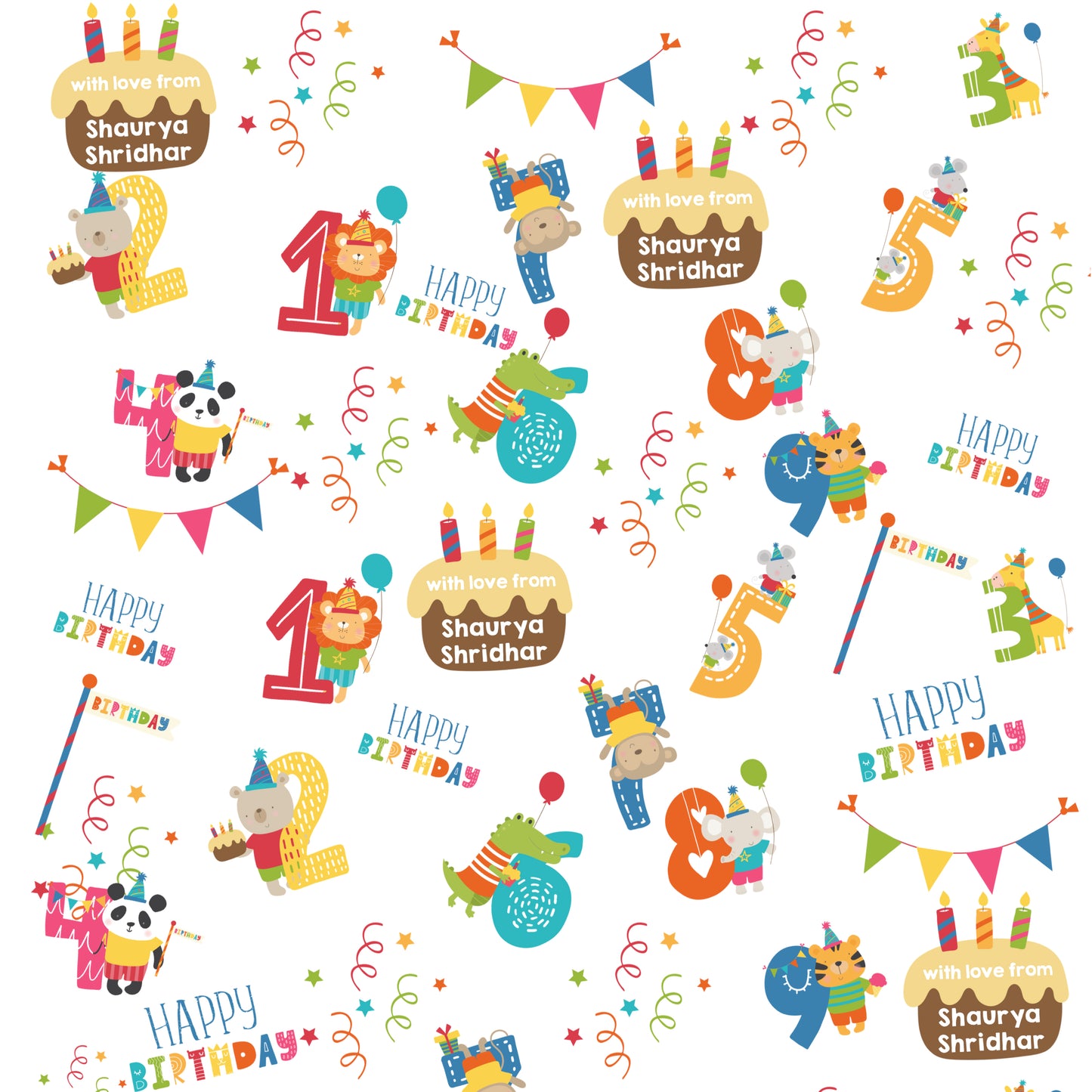 cute animals with numbers in a personalised wrapping paper from label shabel