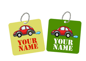 pair of square metal bag tags in green with red car