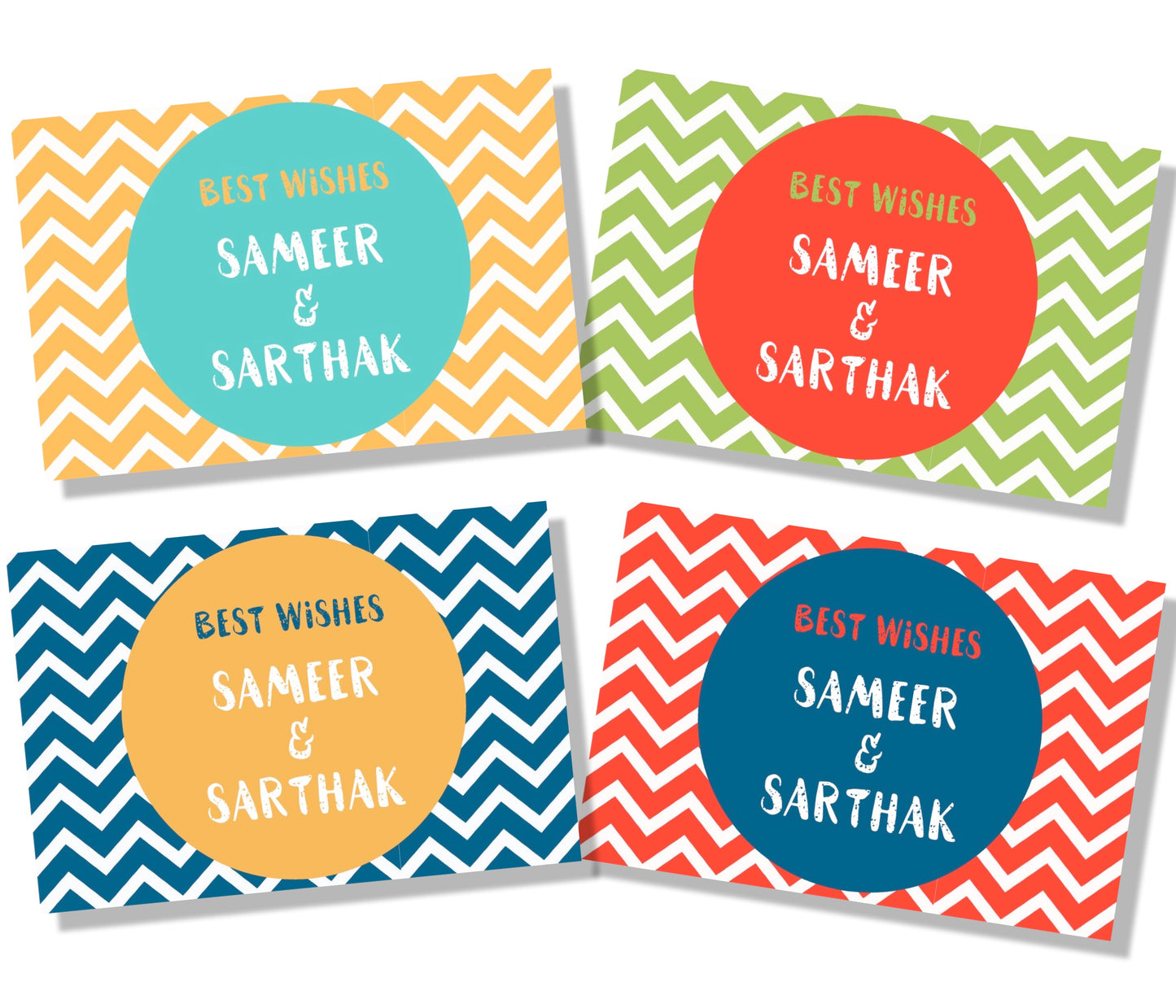 Set of 4 gift labels with chevron print back ground bold colours green red blue