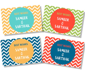 Set of 4 gift labels with chevron print back ground bold colours green red blue