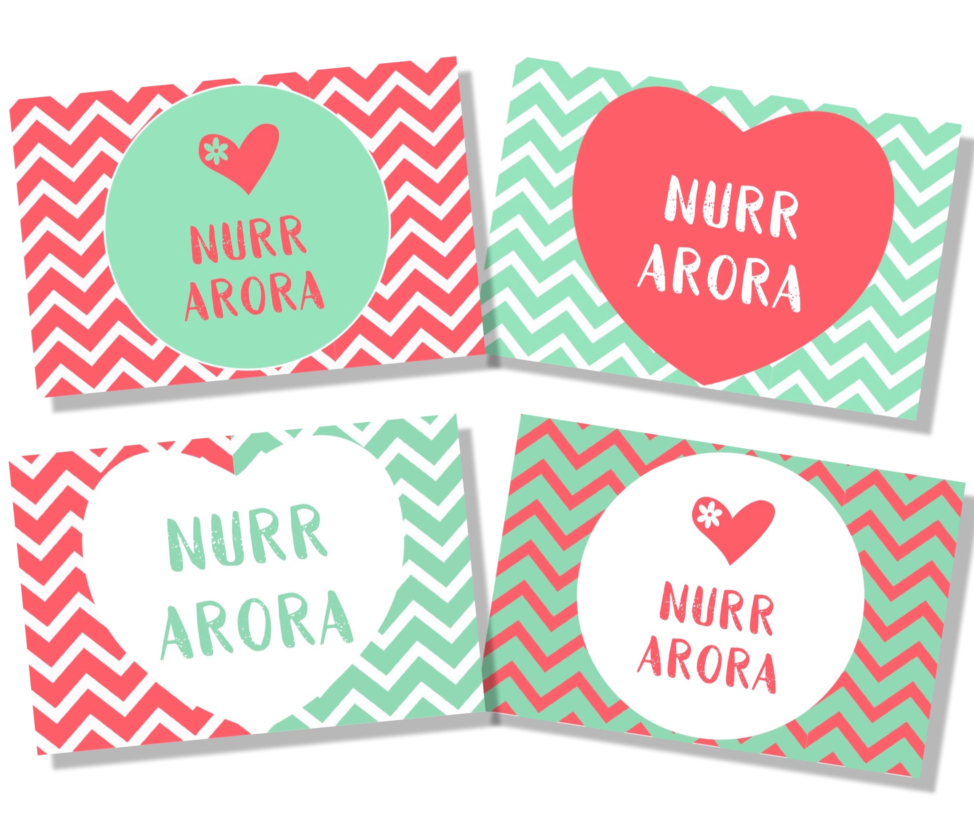 Mint and peach collared chevron design gift labels set of 4