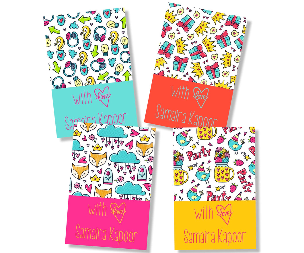 set of gift cards in four bold colours with colourful doodle art for girls