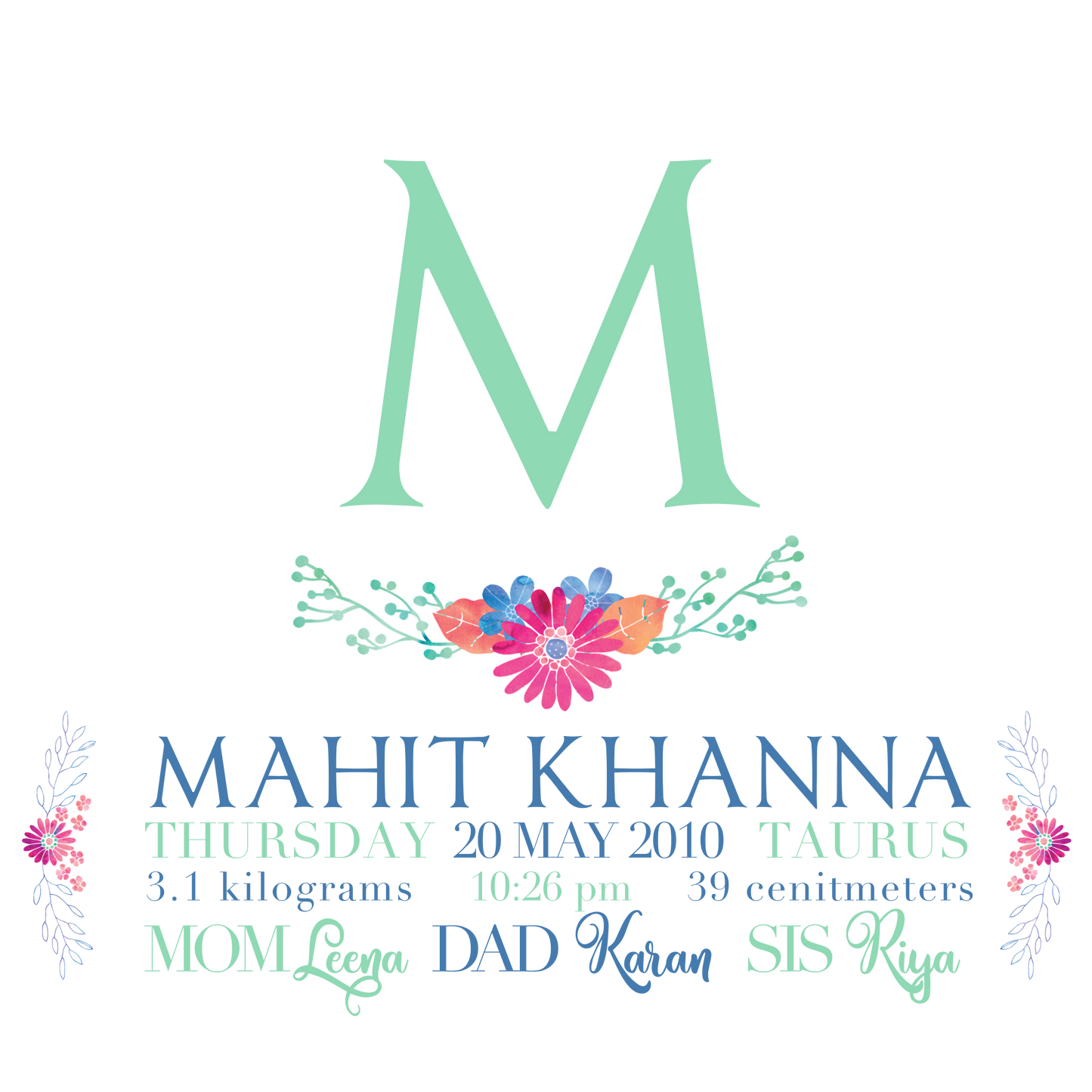 blue green monogram canvas poster for baby nursery