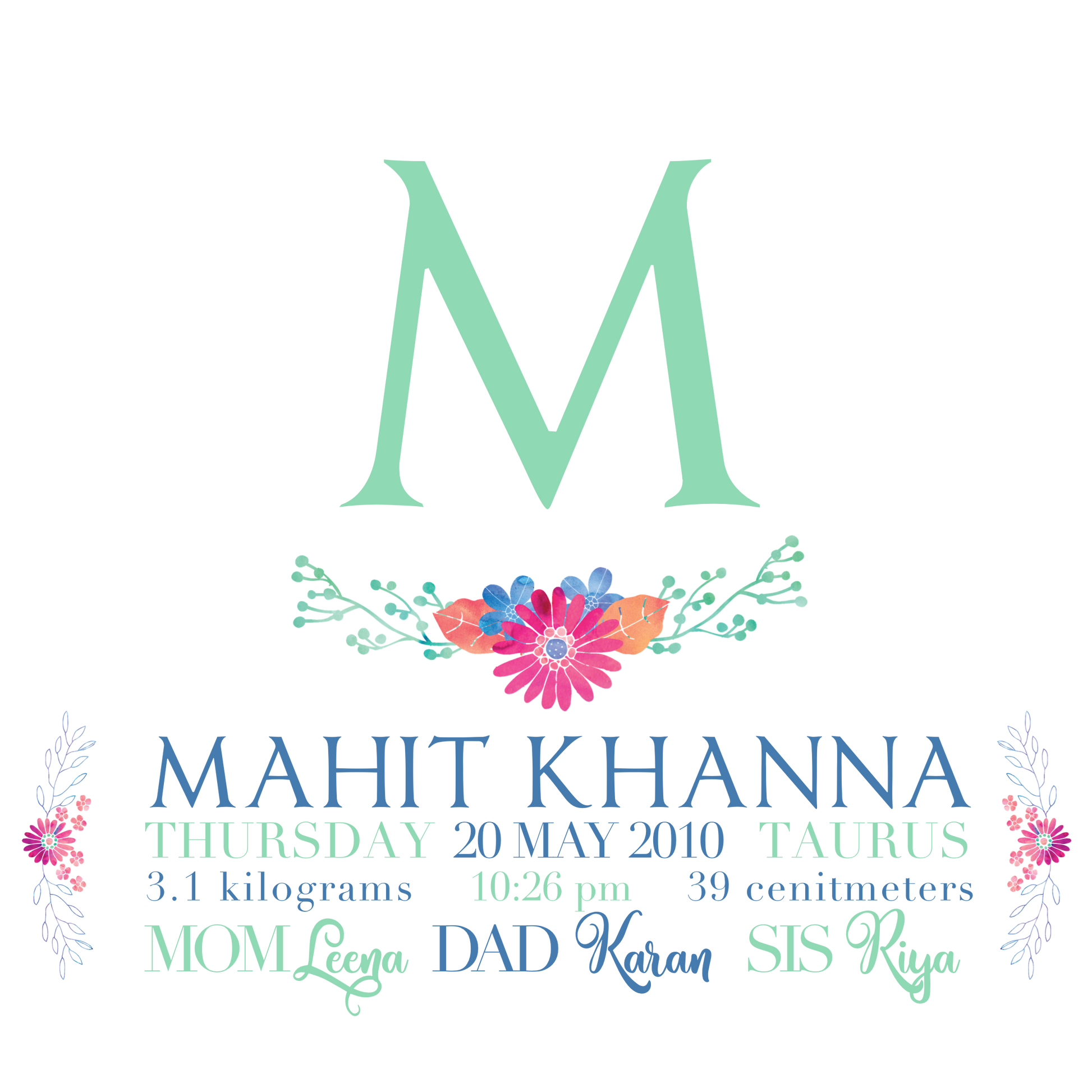 blue green monogram canvas poster for baby nursery