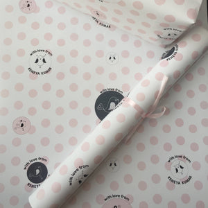 pink and grey polka dots with birds persoanlised wrapping paper by label shabel