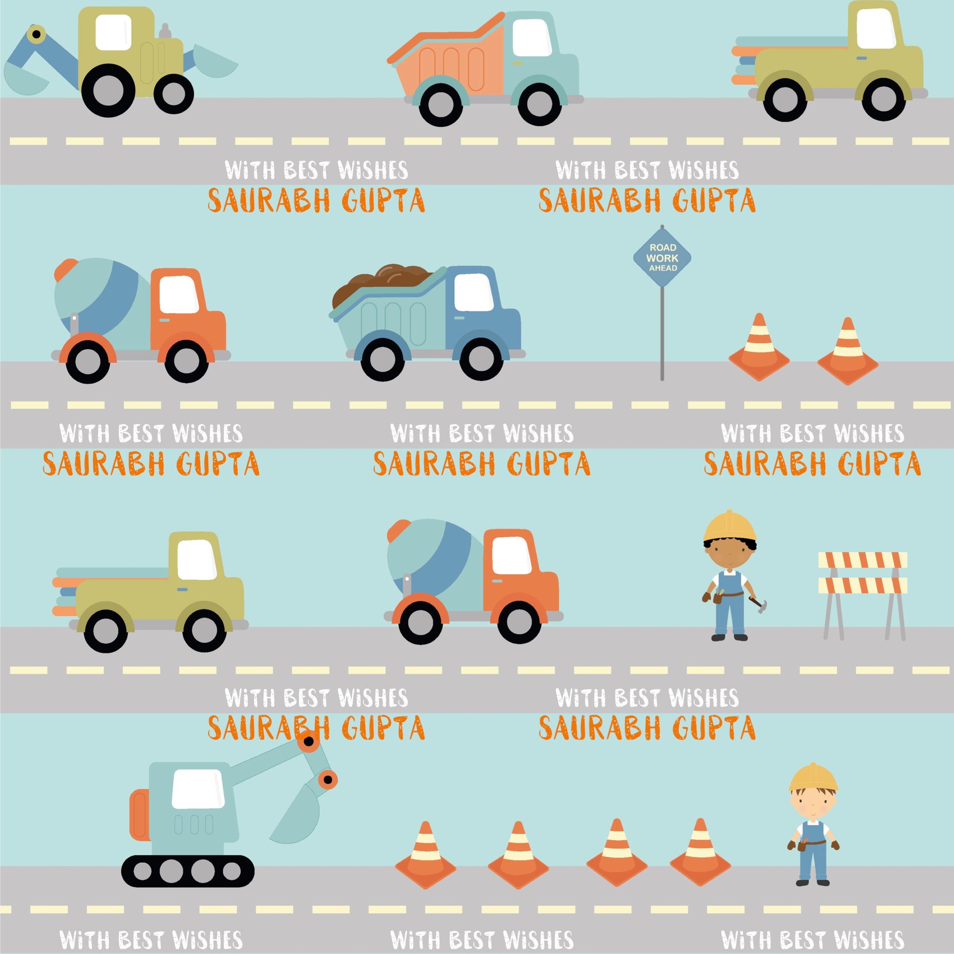 Personalised wrapping paper for boys with construction trucks and workers cartoons orange green blue yellow colours