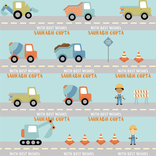 Personalised wrapping paper for boys with construction trucks and workers cartoons orange green blue yellow colours