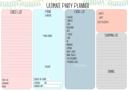 party planner and organiser note pad