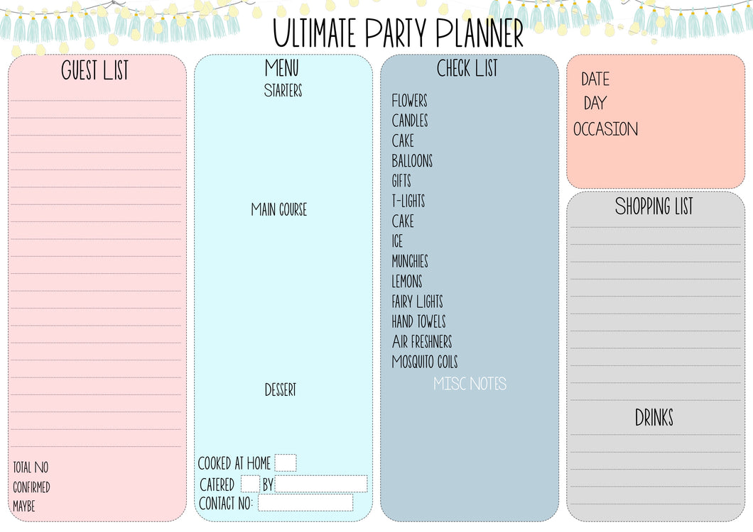 party planner and organiser note pad