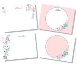 Pastel Pink and aqua flowers fit cards set of 4