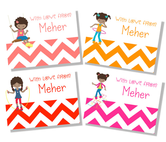 Personalised Gif labels with girls playing hopscotch, swings, skipping and hula hoop