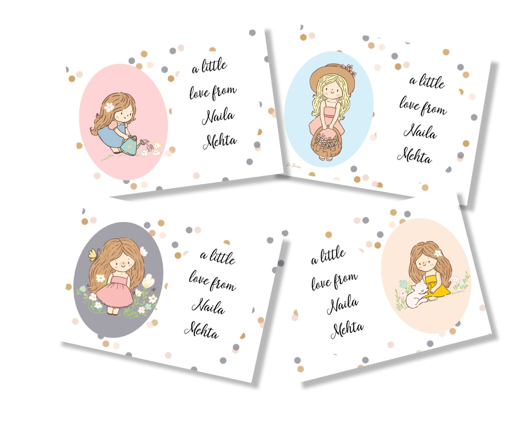 a set of 4 personalised gift cards with cute girl design from label shabel