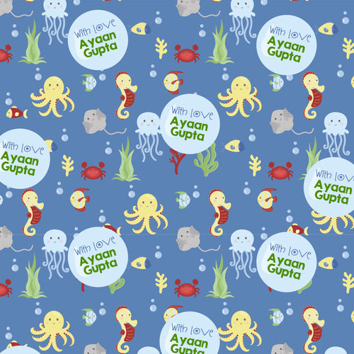 octupus, seahorse, jellyfish on blue background for personalised wrapping paper for kids label shabel