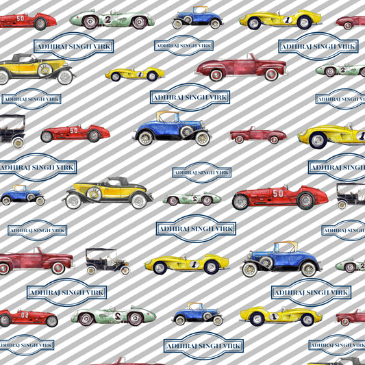 Personalised wrapping paper with watercolour vintage cars and striped background