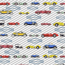 Personalised wrapping paper with watercolour vintage cars and striped background