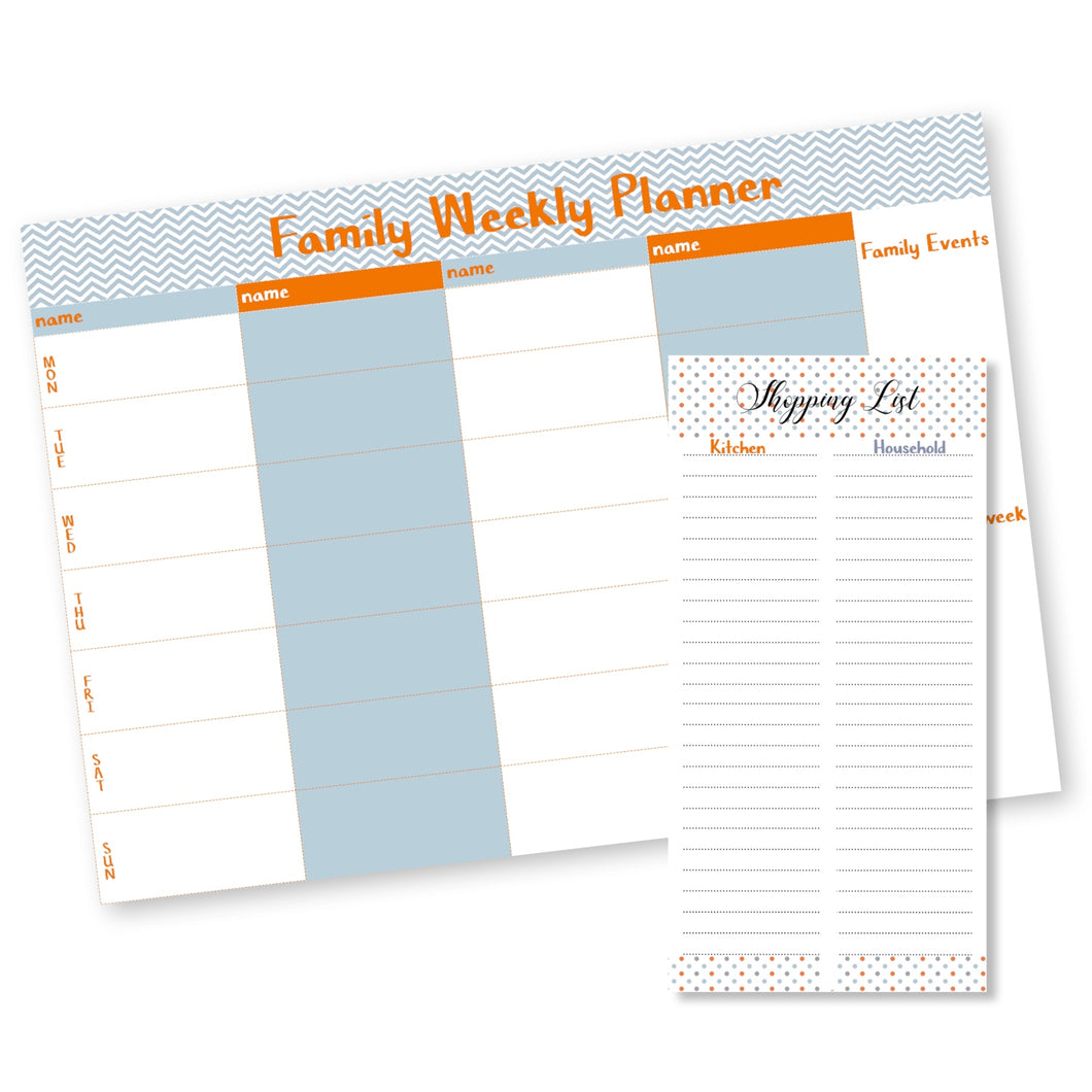weekly family planner with a matching shopping list pad in blue, orange and white from Label Shabel