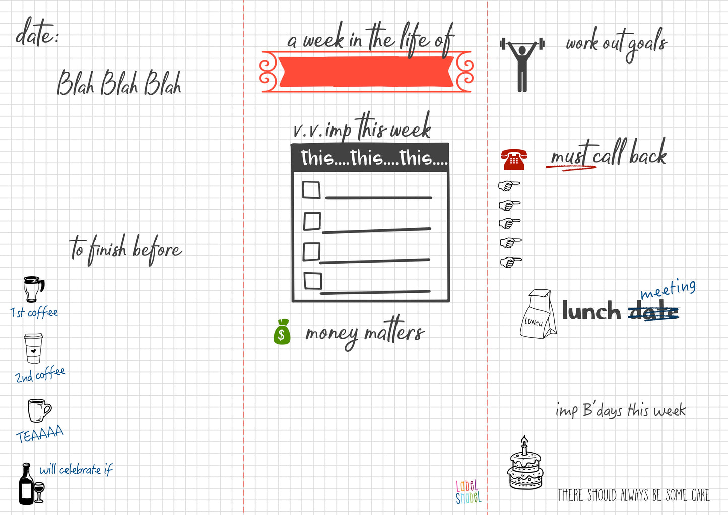 weekly fun planner note pad with graph paper back ground and doodles