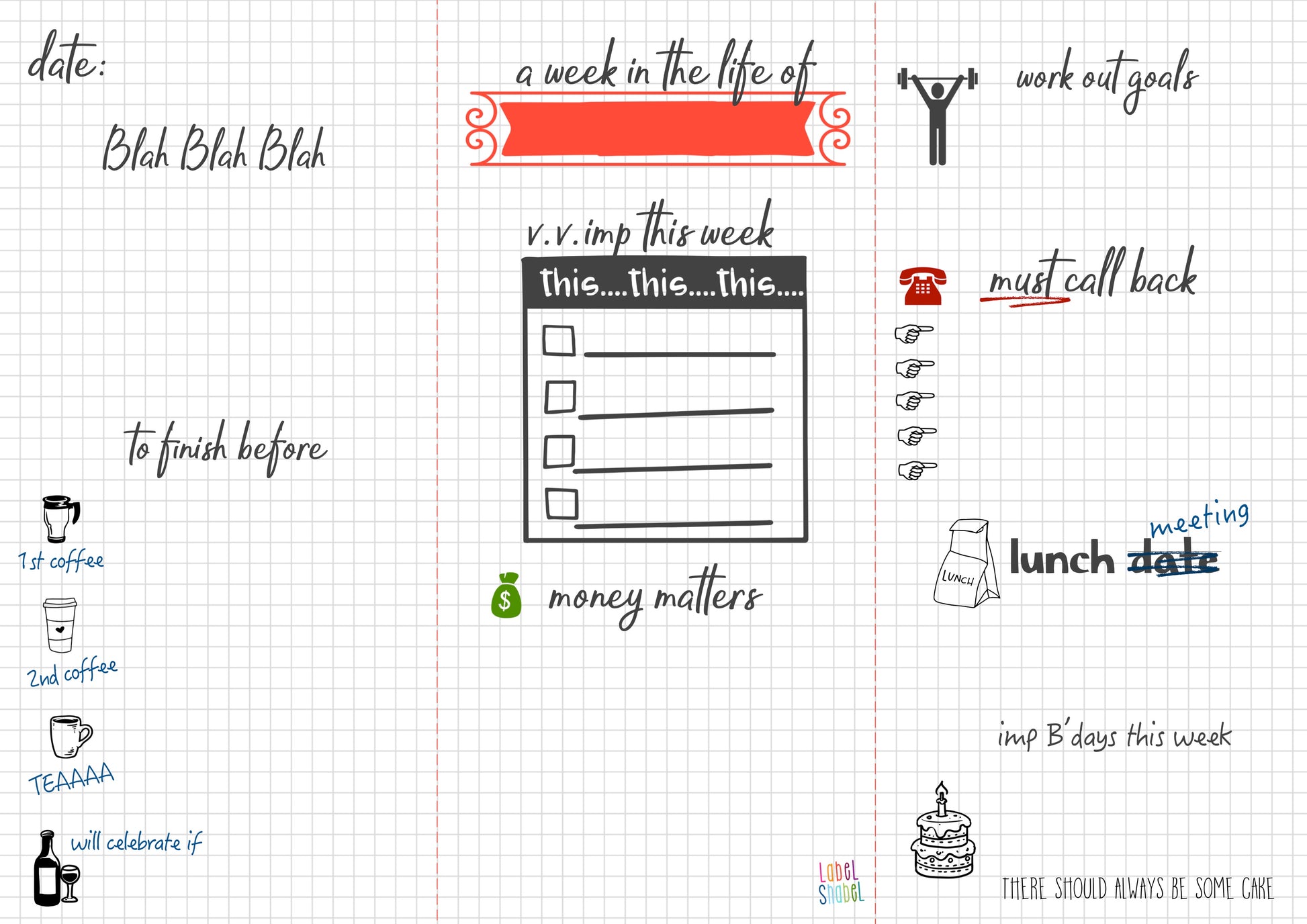 weekly fun planner note pad with graph paper back ground and doodles