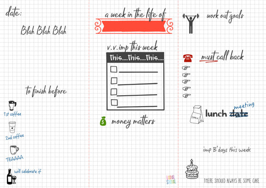 weekly fun planner note pad with graph paper back ground and doodles