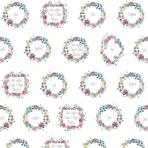 wreaths of water colour flowers in pink grey yellow with best wishes in a personalised wrapping paper 